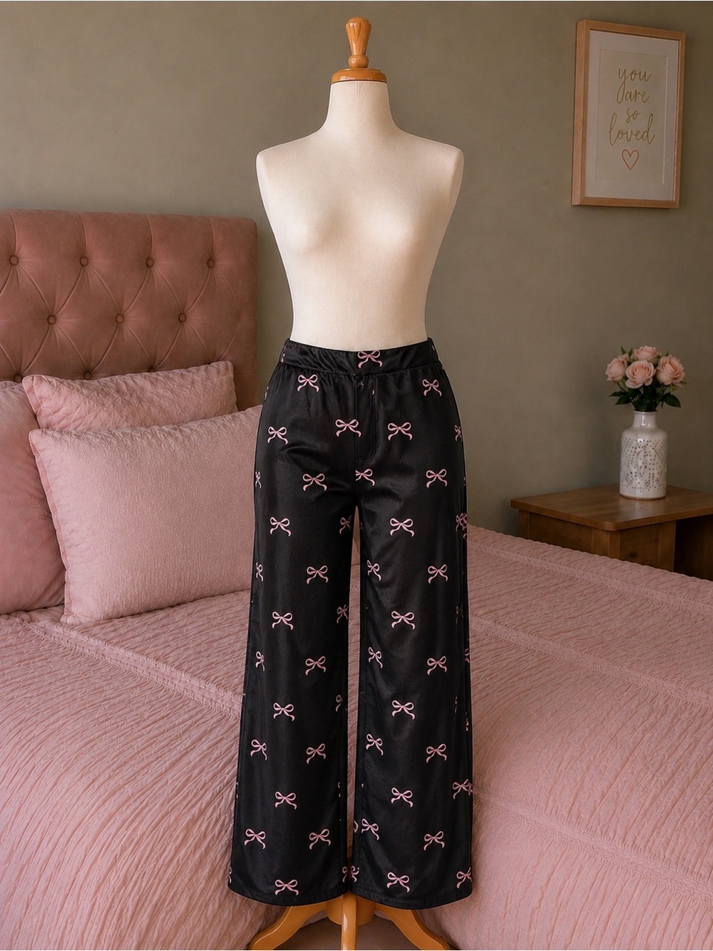 & Other Stories Black Satin Pajama Pants with Pink Bow Print